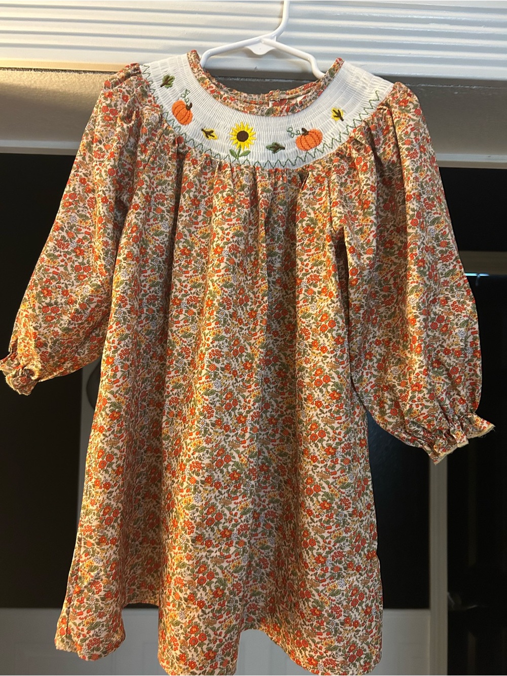 Girls Floral Smocked Pumpkin Dress - Orange